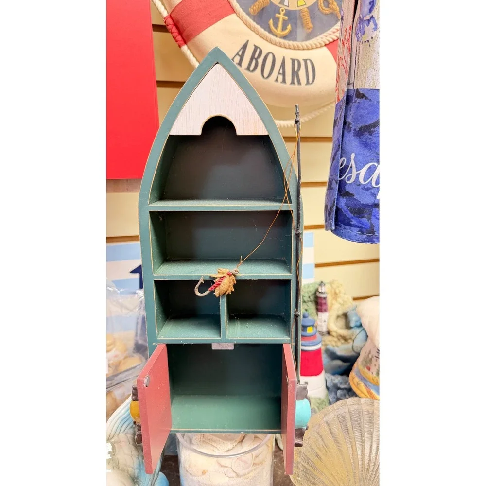 Nautical Wooden Boat Shelf Green Coastal Decor Fishing Lure Display Cabinet 13in